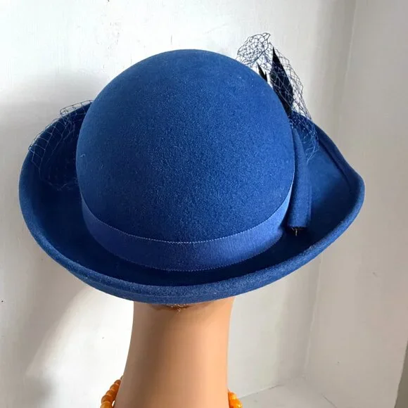 Vintage 50s USA Bollman Tilt Hat Cobalt Royal Blue Wool Brim Veil Feather Fedora